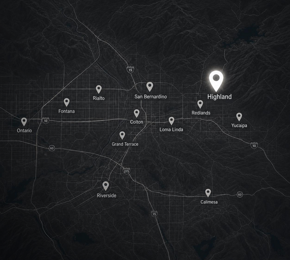 Map of the Inland Empire service area with markers on Highland, Redlands, Yucaipa, Loma Linda, San Bernardino, Rialto, Colton, Fontana, Ontario, Grand Terrace, Riverside, and Calimesa